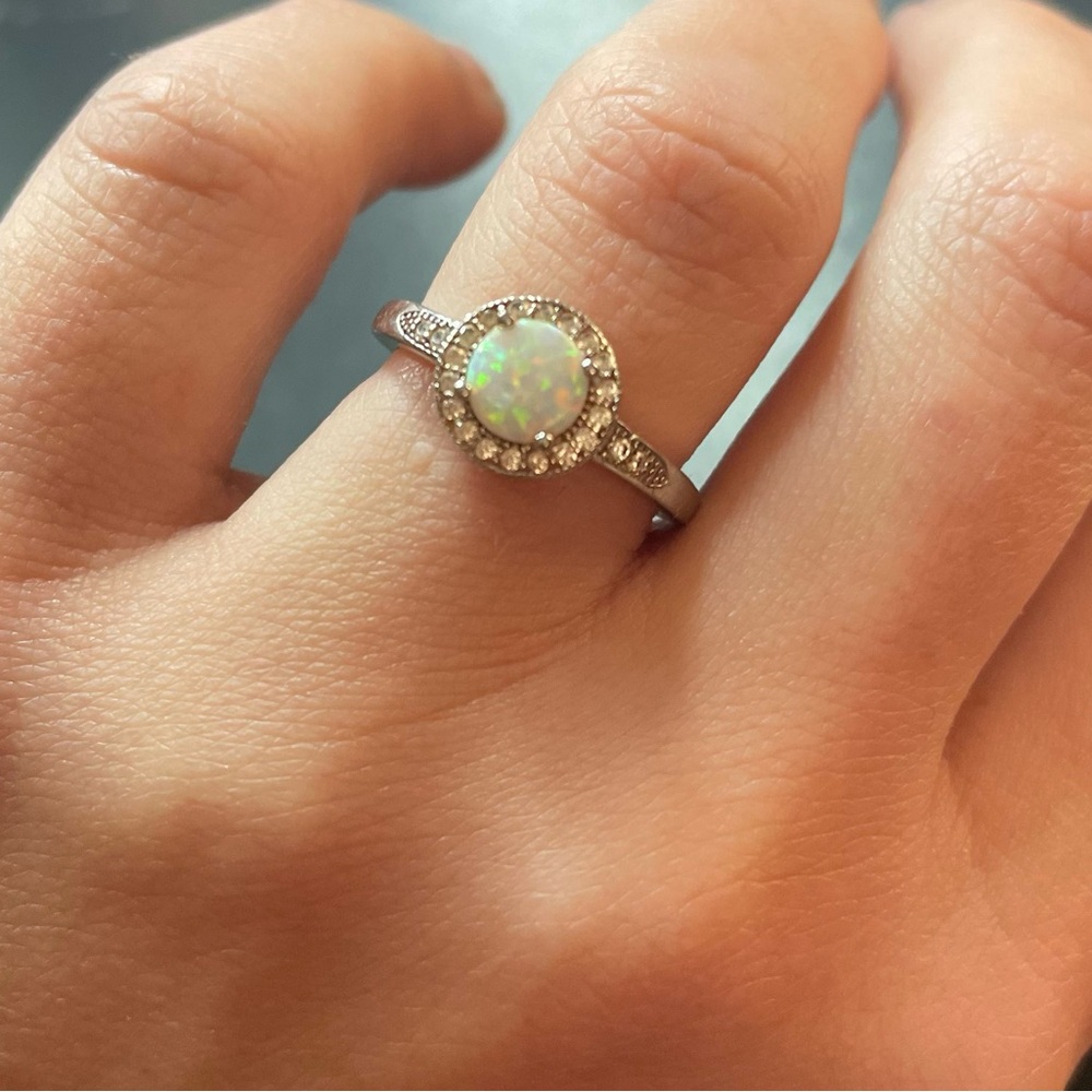 Opal, CZ and Sterling Silver Engagement Ring Size 5